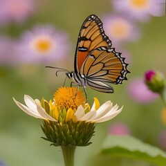 Butterfly delicately landing on vibrant blooming flower in natural daylight  
