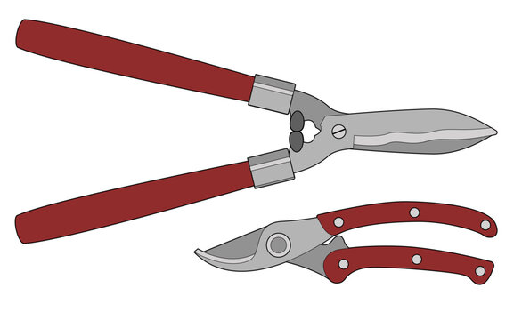 Garden tools set. Vector illustration isolated on white. Pruning shears with red handle.