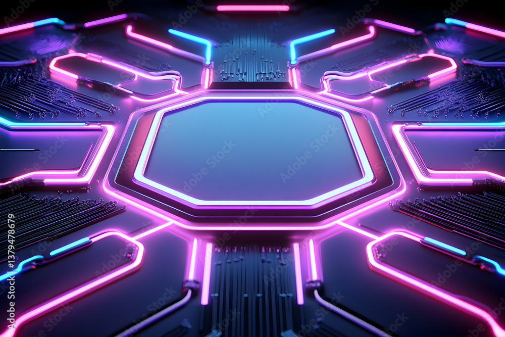 Poster futuristic neon circuit board with central octagonal platform