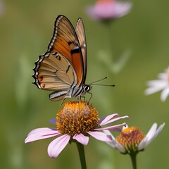 Butterfly delicately landing on vibrant blooming flower in natural daylight  
