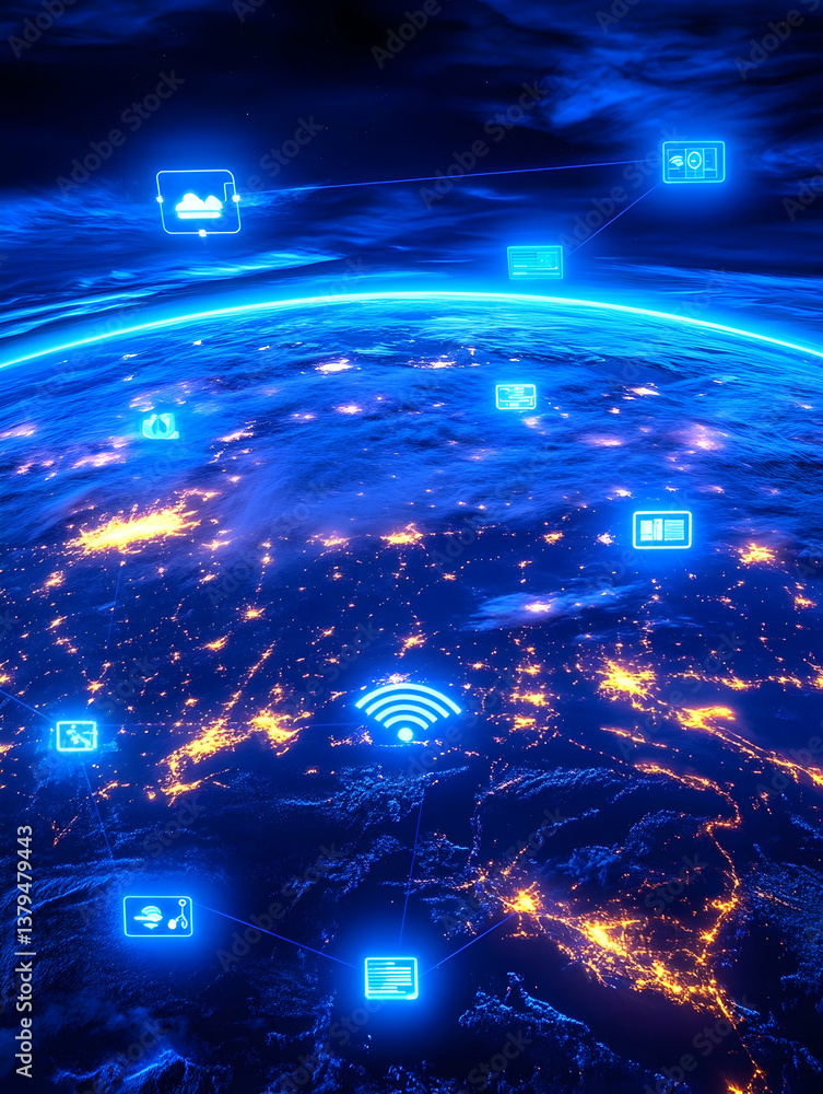 Aufkleber global network connection, illuminated earth at night with glowing icons representing data transfer 