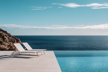 Fototapeta premium Two white lounge chairs by infinity pool overlooking ocean.