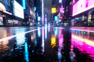 Fototapeta premium A neon city street with a reflection of the city lights on the wet road