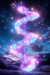 Glowing, crystalline DNA helix against a night sky