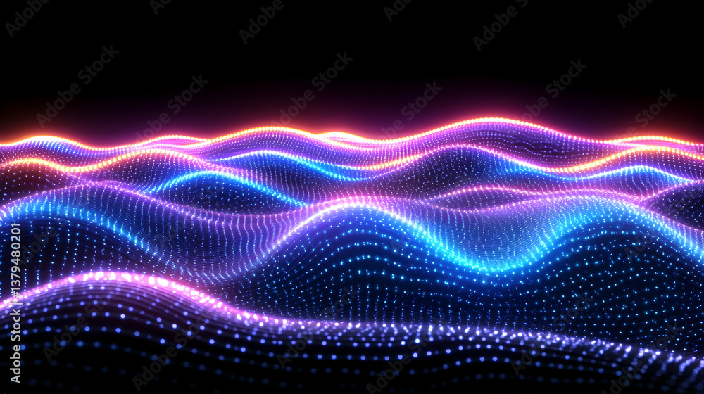 Poster glowing neon waves of light particles undulating across a dark background