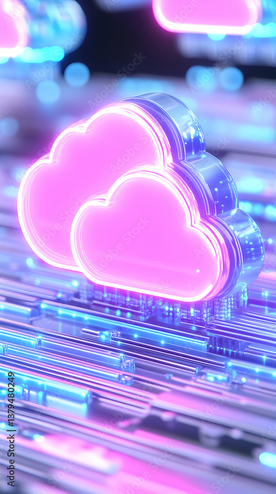 Aufkleber glowing pink cloud icons float above a vibrant blue circuit board, symbolizing digital data storage 