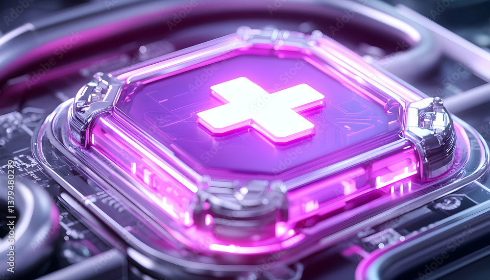 Poster glowing pink plus sign embedded in futuristic tech component