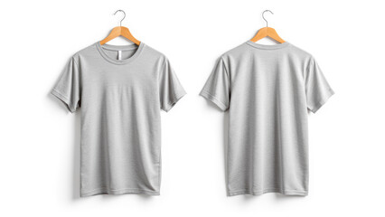 Minimalistic Gray T-shirt Front and Back Mockup on Wooden Hanger for Apparel Design Presentation