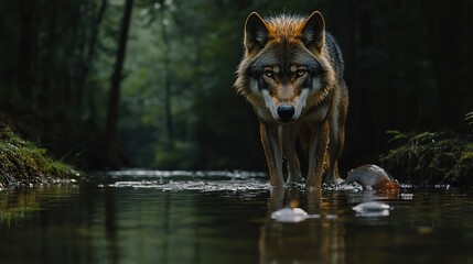 Obraz premium Majestic wolf standing in a tranquil forest stream, staring intensely at the viewer.