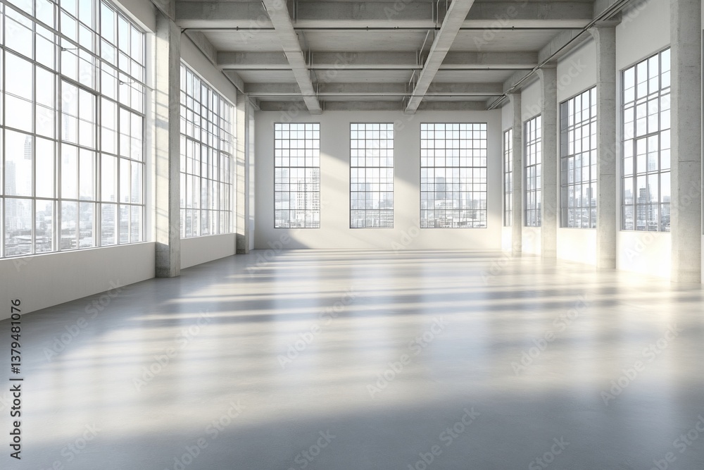 Poster sunlit empty loft space with large windows and city view.