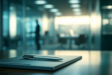 Pen on notepad in modern office.