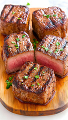 Grilled steak cubes, medium-rare, on wooden board