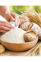 Hands gently pouring flour onto a pile of baked bread and wheat