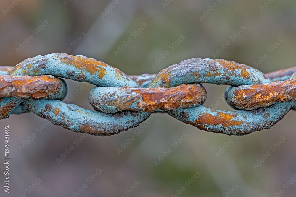Poster close-up of a rusty, weathered metal chain showing links and texture.
