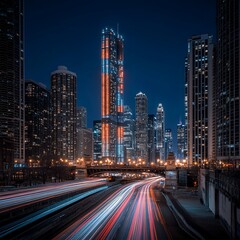 Obraz premium Night cityscape with illuminated skyscraper and light trails.