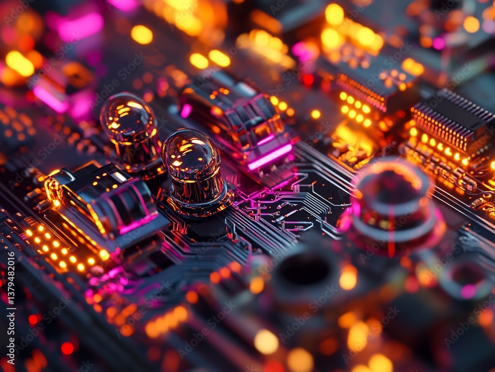 Aufkleber close-up of a futuristic circuit board with glowing components and metallic elements.
