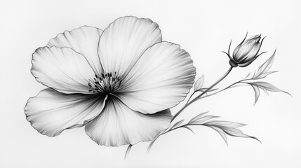 Detailed black and white flower sketch with bud