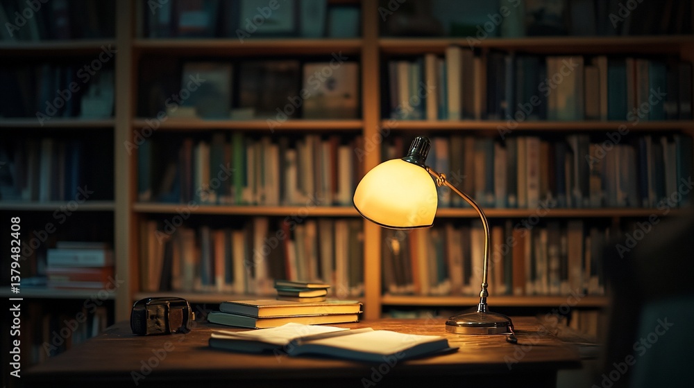Poster illuminated desk with open books in a dimly lit library.