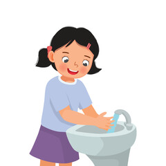 Little girl washing hands with running water at the sink 