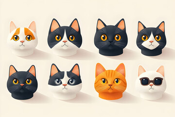Collection of stylized cat head illustrations with various distinct appearances