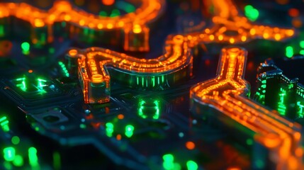 Obraz premium Abstract glowing orange and green circuit board.