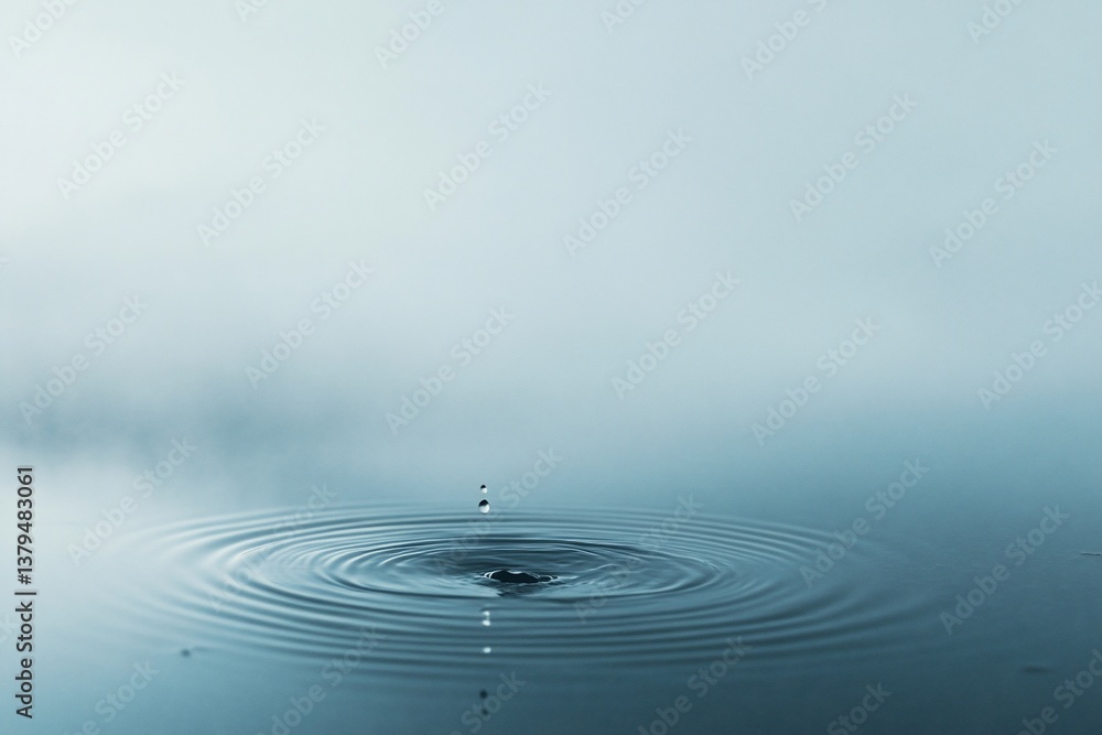 Poster single water drop falling into calm lake, creating concentric ripples on misty surface.