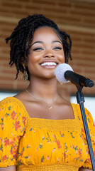 Joyful young woman singing into microphone, close-up