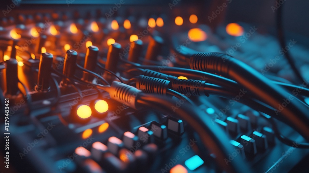 Poster close-up of audio mixer with cables and illuminated buttons.