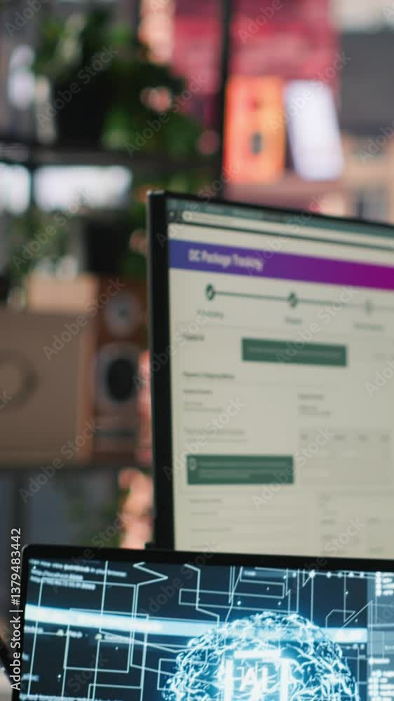 Poster vertical video call center worker in office uses ai llm assistant to reply to customer queries. woma