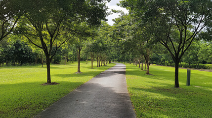 Fototapeta premium Sunlit path through lush green park.
