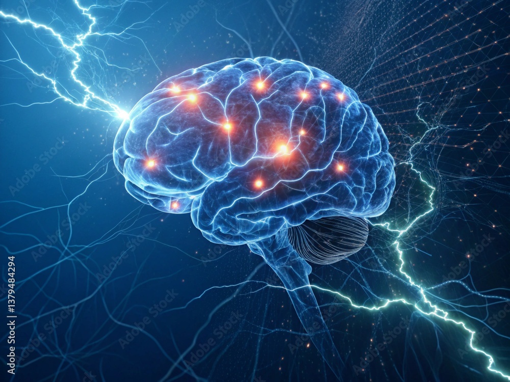 Aufkleber human brain floating in the dark sky with glowing fractal patterns and jellyfish-like energy in a su