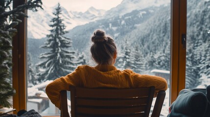 Fototapeta premium Woman in warm sweater admires snowy mountain view from large window.