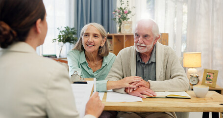 House, old couple and consultant with documents, retirement plan and conversation for budget...