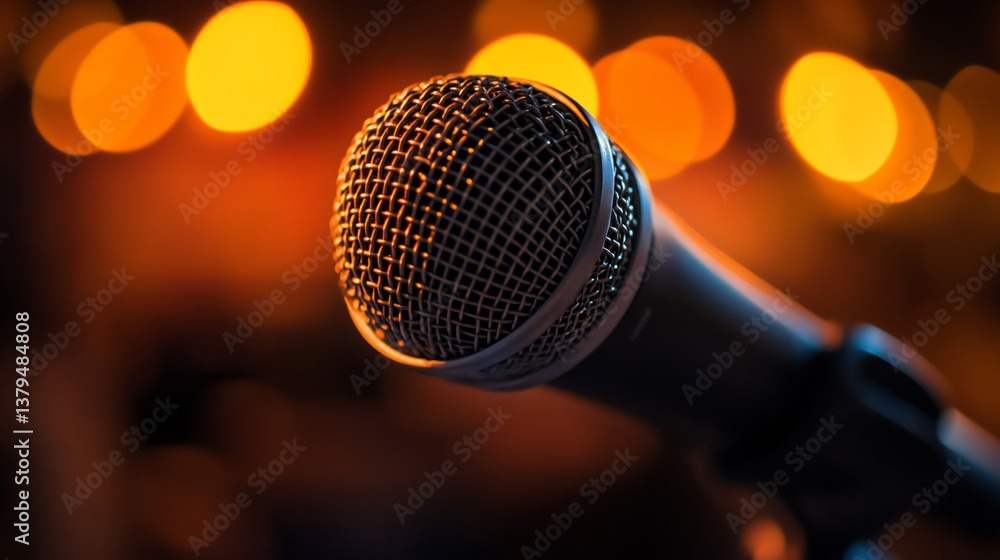 Poster close-up of a microphone on a stand with a blurred background of warm lights.