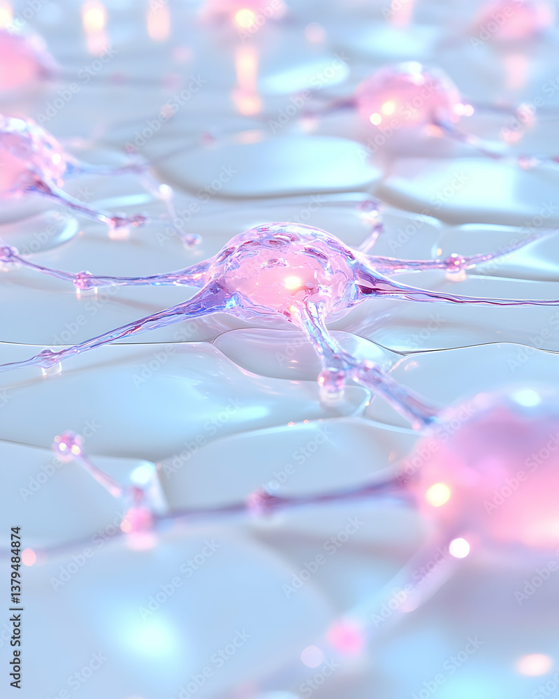 Poster microscopic view of interconnected neurons, glowing softly in a network