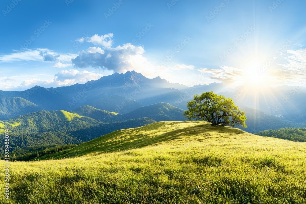 Poster large tree stands in a grassy field with mountains in the background