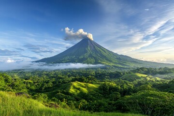 Fototapeta premium A mountain with a volcano on top and a lush green forest below