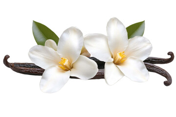 Two white flowers with green leaves are on a brown stem, isolated