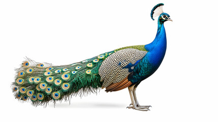 Fototapeta premium A magnificent peacock stands proudly with its vibrant and long tail