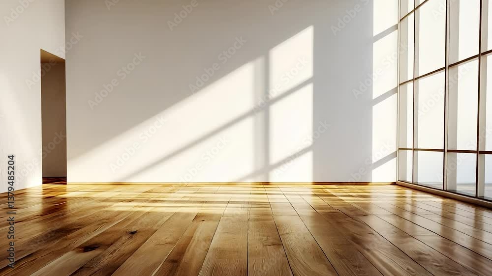 Poster an empty room with sunlight shining through the windows. room with window and a wall shadow. a parqu