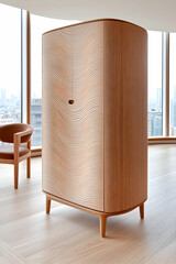 Modern light wood armoire with wavy texture, minimalist design in contemporary setting