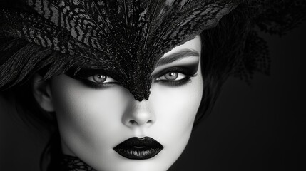 Monochromatic woman with feathered crown and dark eyes