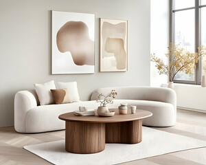 Modern living room with beige sectional sofa, oval coffee table, and abstract art