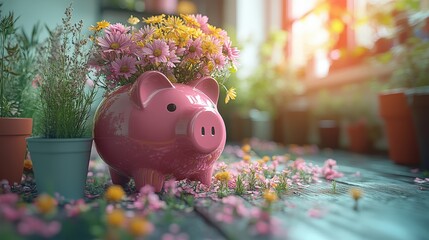 Obraz premium Pink piggy bank filled with colorful flowers on rustic wood surface