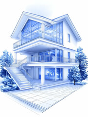 Modern two-story house architectural rendering with large windows and exterior stairs