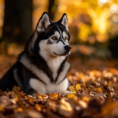 Obraz premium Majestic Siberian Husky resting amidst golden autumn leaves in a park.