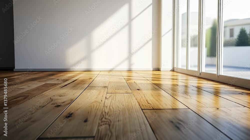 Poster an empty room with sunlight shining through the windows. room with window and a wall shadow. a parqu