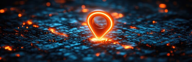 Glowing Neon Location Pin on Dark Textured Surface