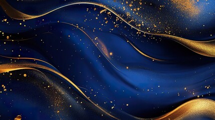 Abstract flowing dark blue background with golden swirling lines and dots