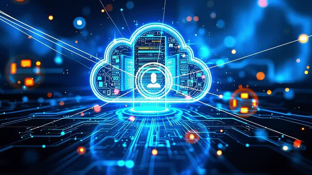 Futuristic cloud computing concept with data flow and digital connections in a high-tech environment